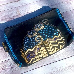 Laurel Burch Folk Art Cats Polka Dot Zip Cosmetic Makeup Canvas Bag Black Gold